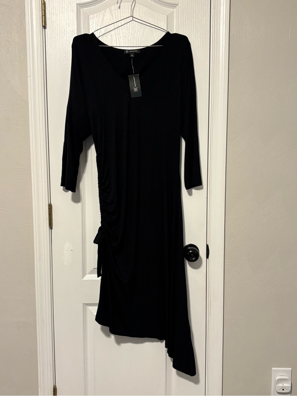 NWT INC Black Asymmetric Ruched-Side Midi Dress